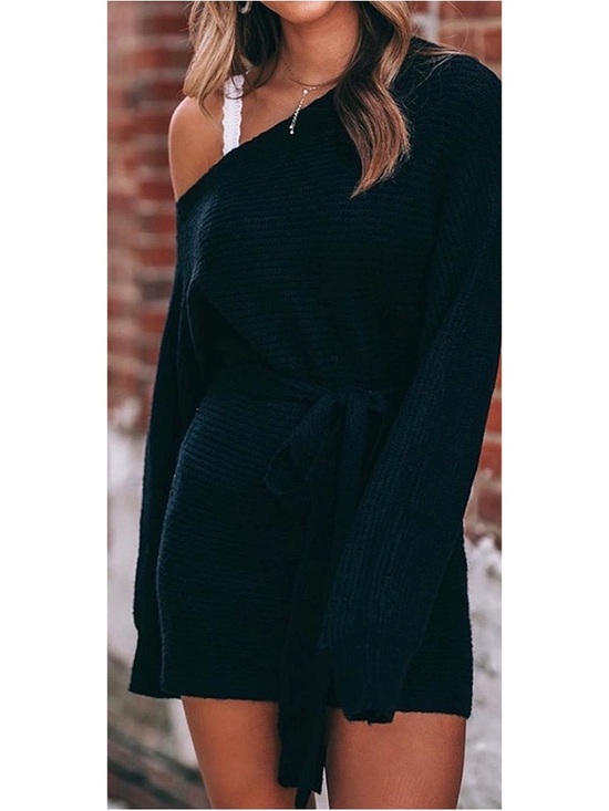 Dresses & Skirts - . Warm Hugs Off The Shoulder Black Chunky Knit Belted Mini/Midi Sweater Dress
